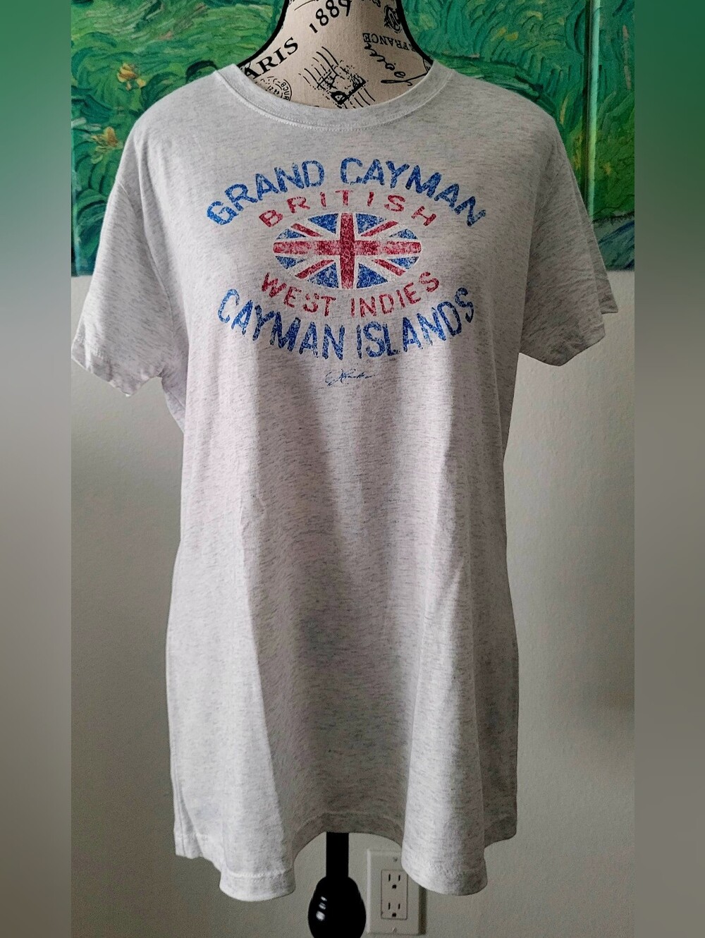 Next Level Apparel Light Gray Grand Cayman Graphic Tee with Red & Blue Accents
